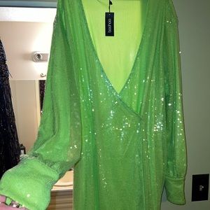BRAND NEW WITH TAGS. Lime green sequin Boohoo wrap dress